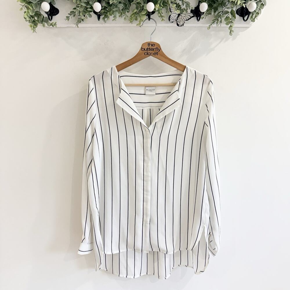 Selected Femme White Blouse with Black Stripes Collared Size 36